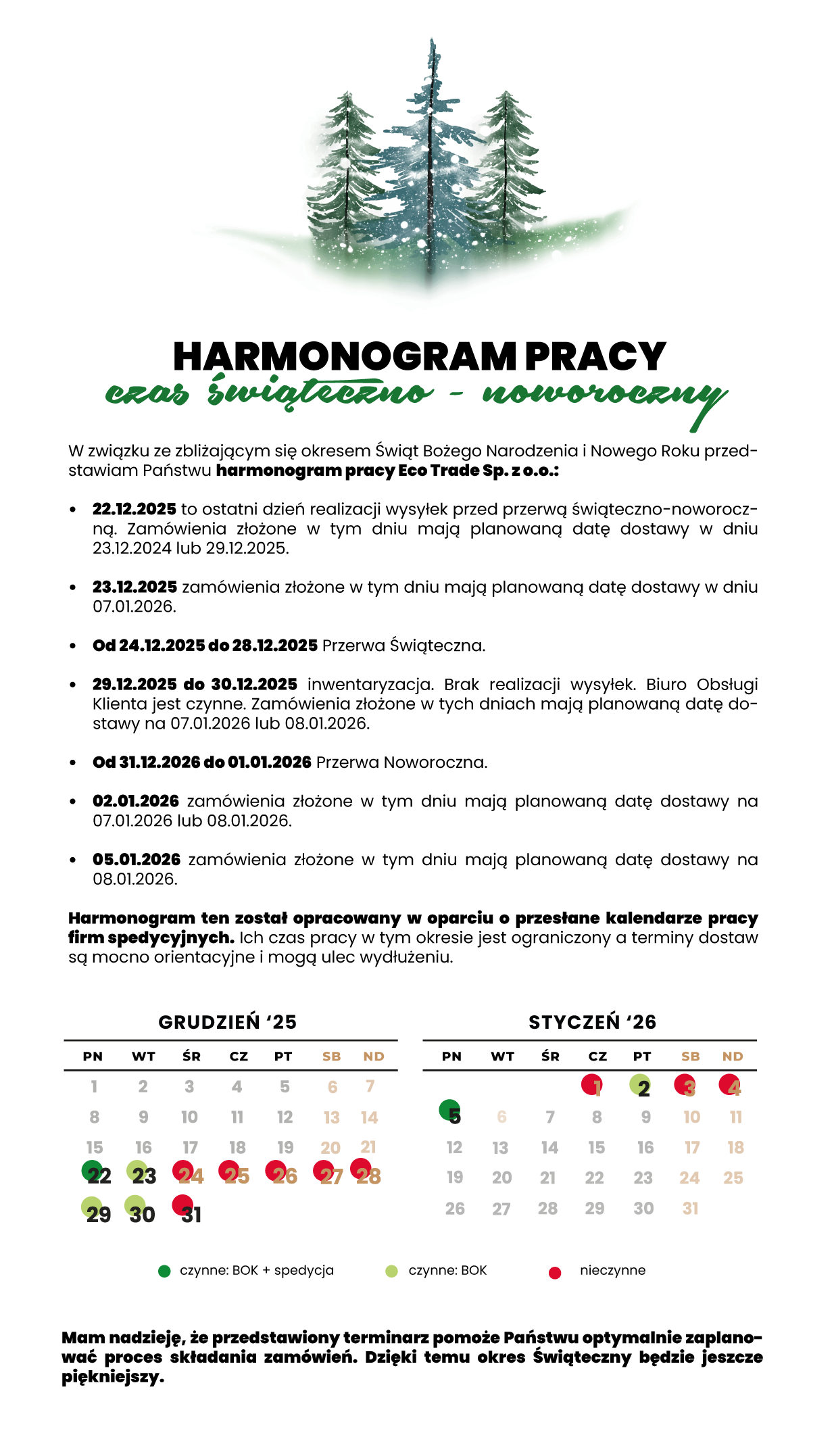 Świąteczny harmonogram pracy